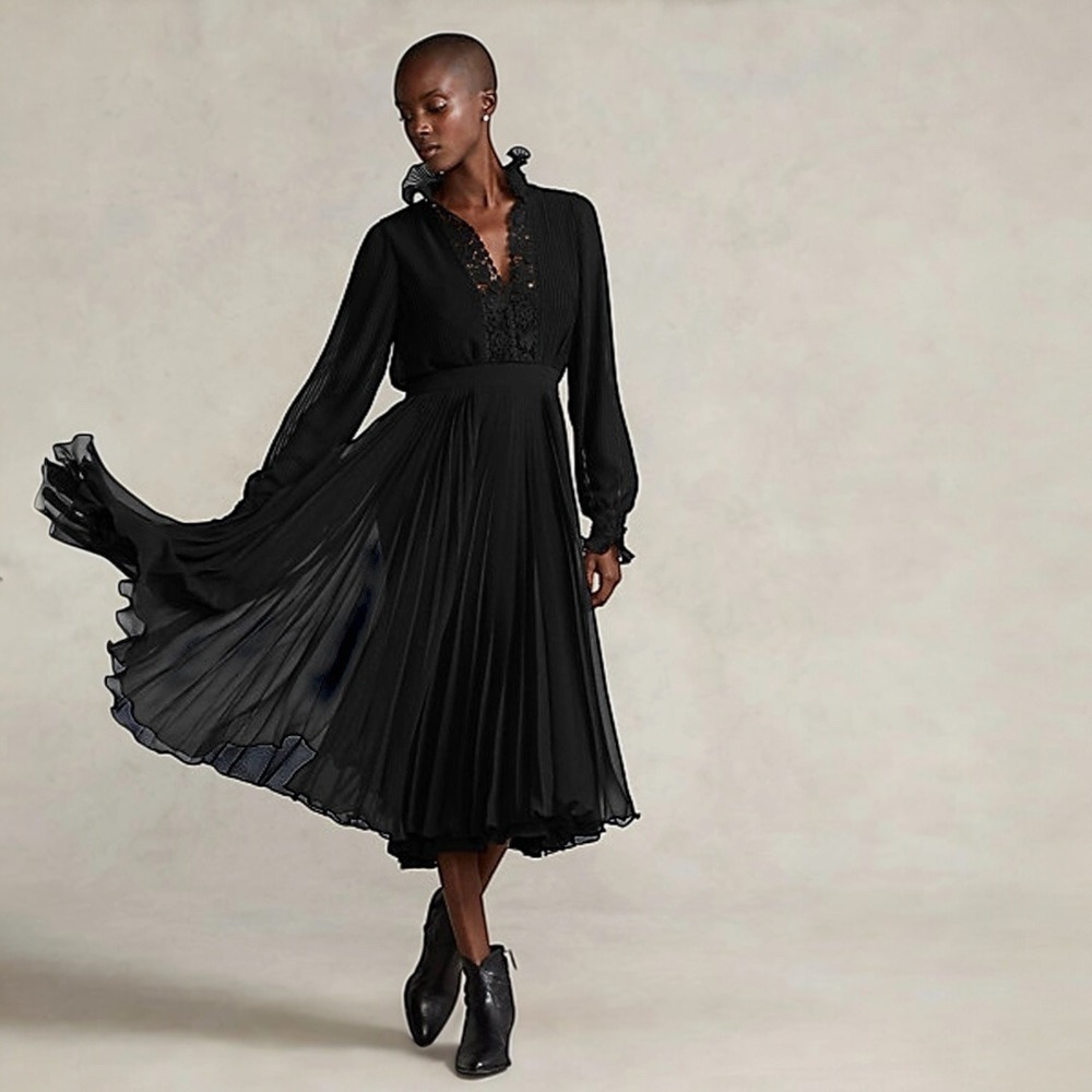 Polo by Ralph Lauren Black Pleated Midi Dress